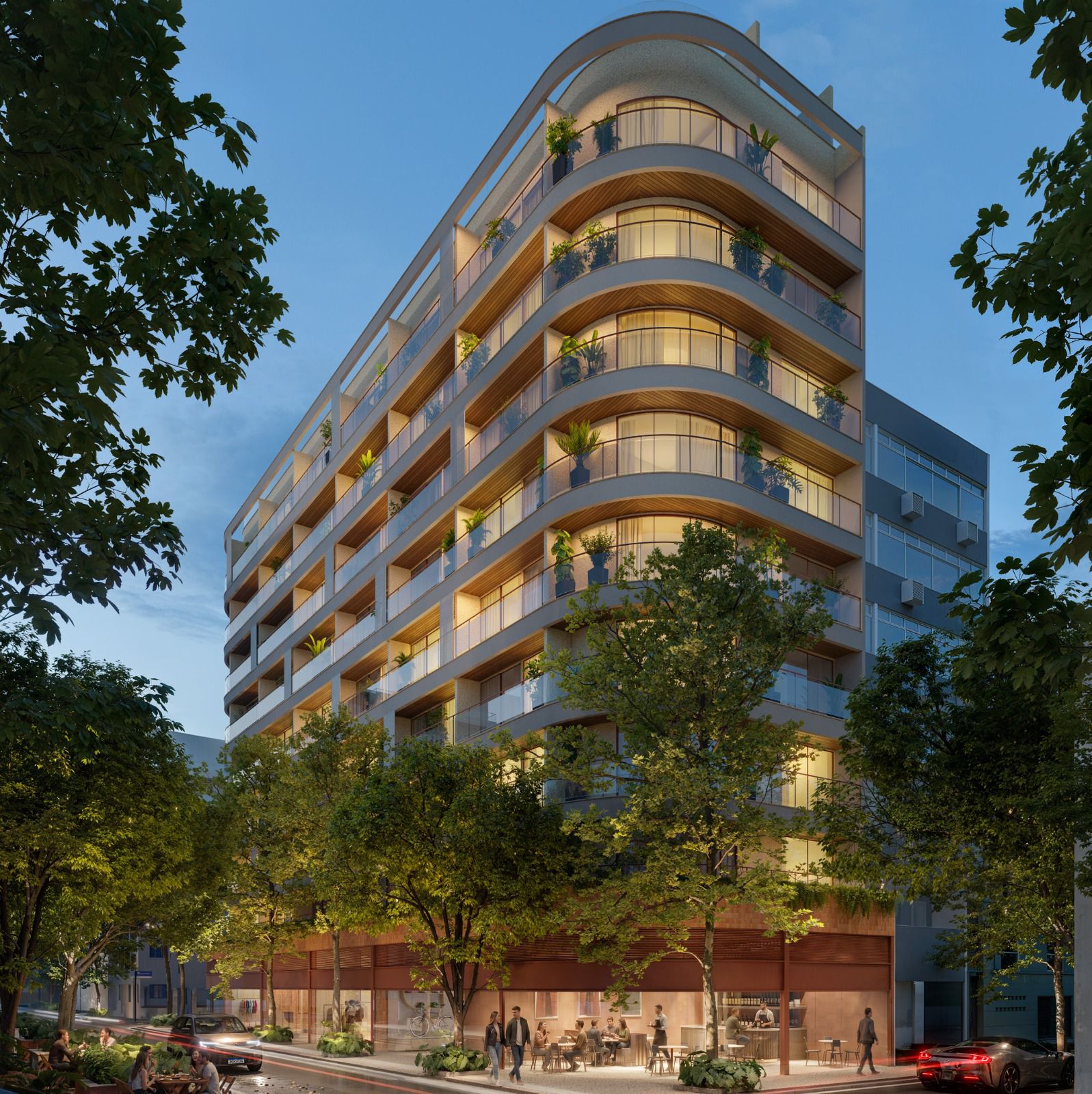 Garcya Ipanema façade at dusk — curved balconies