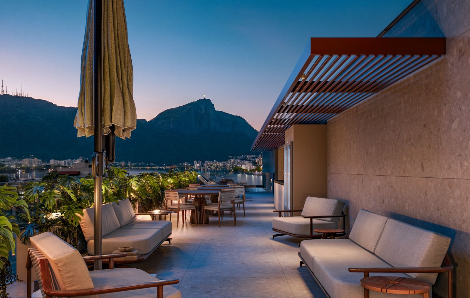 Open-air rooftop lounge at golden hour