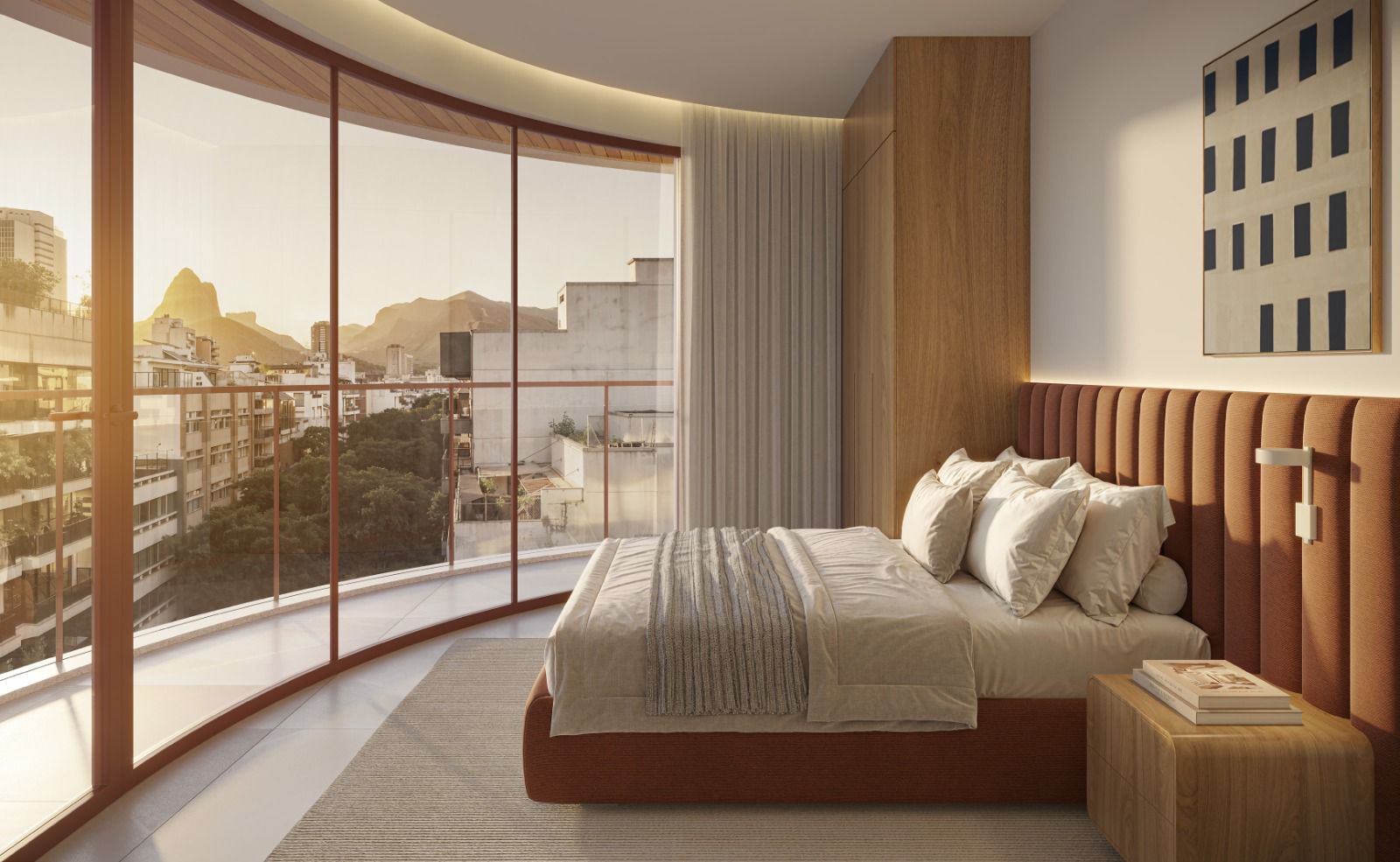 Master bedroom with curved glazing facing Two Brothers mountain